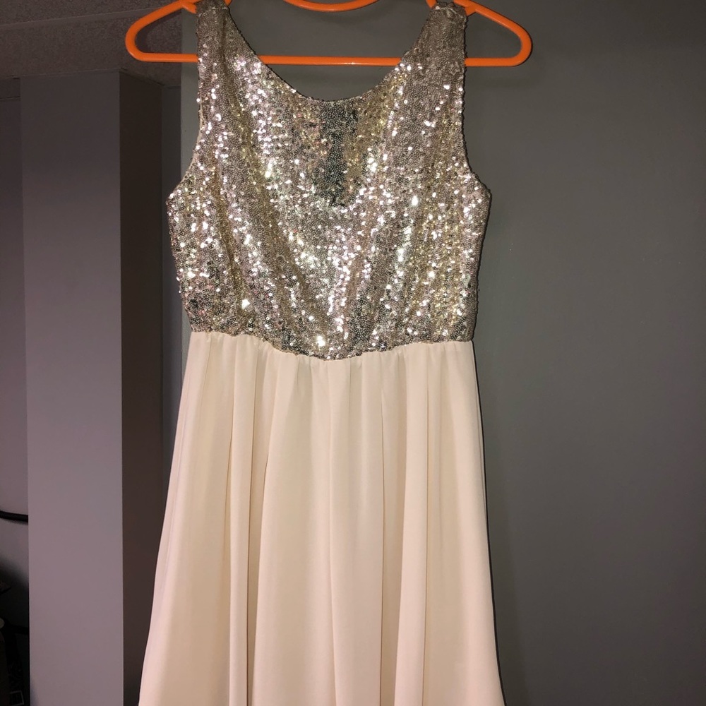 Sparkly sequin champagne color chiffon party dress